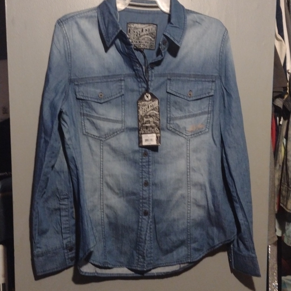 𝅺afflictions long sleeve button up blue size medium
